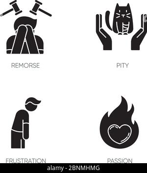 Menschliche Emotion schwarze Glyphen Symbole auf weißen Raum gesetzt. Reue für psychologische Heilung. Gefühl von Mitleid und Empathie. Frustration durch Depression. Silhouette-Symbole. Isolierte Vektordarstellung Stock Vektor