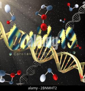 3D-Rendering-Illustration von covid 19-Viruszellen und DNA-Strängen Stockfoto