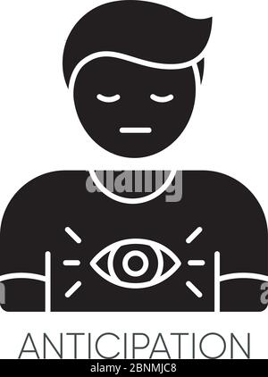 Antizipation schwarzes Glyph-Symbol. Mann, der Zukunft erwartet. Person mit intuitiver Vorhersage. Geisteszustand. Menschliches Gefühl von Unbehagen. Silhouette Symbol auf weißem Raum. Isolierte Vektordarstellung Stock Vektor