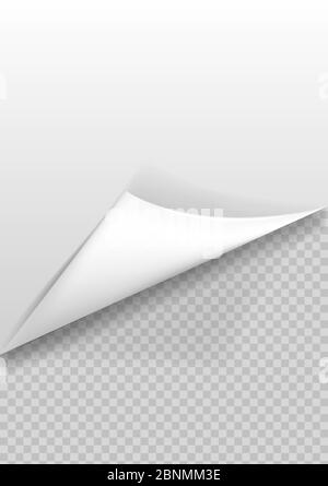 Seite mit Schatten auf leerem Blatt Papier gewellt. Weißer Papieraufkleber. Stock Vektor