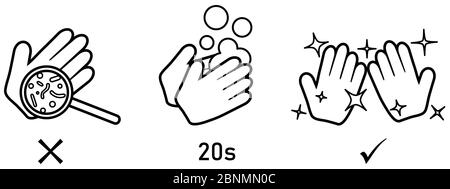Waschen Sie Ihre Hände für 20 Sekunden mit Seife, um Keime und Viren zu töten Symbol. Kann während der Prävention von Coronavirus Covid-19-Viren verwendet werden Stock Vektor