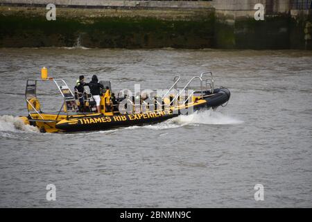 Ein Schnellboot auf der Themse in London, England, Großbritannien Stockfoto