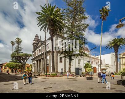 SAN CRISTOBAL DE LA LAGUNA, SPANIEN - 16. JUNI 2015: Kathedrale von San Cristobal de la Laguna. Alte Drachenbäume vor dem Haupteingang. Touristen und l Stockfoto