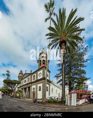 SAN CRISTOBAL DE LA LAGUNA, SPANIEN - OCTOUBER 23, 2018: Kathedrale von San Cristobal de la Laguna. Alte Drachenbäume vor dem Haupteingang. Touristen A Stockfoto