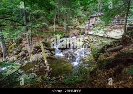 Wanderung zu den Rißloch Wasserfällen im Bayerischen Wald bei Bodenmais Niederbayern Deutschland Stockfoto