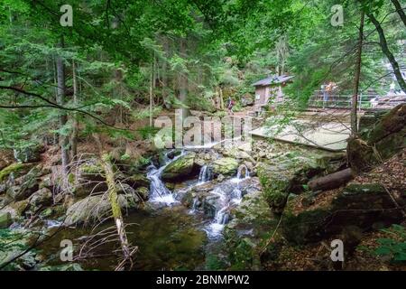 Wanderung zu den Rißloch Wasserfällen im Bayerischen Wald bei Bodenmais Niederbayern Deutschland Stockfoto