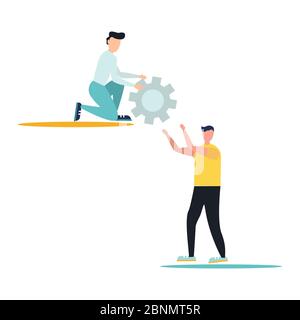 Zwei Geschäftsmann hält Ausrüstung. Idee von Teamwork und Partnerschaft. Teil des Mechanismus, das Unternehmensgeschäft. Isolierte Vektor-Illustration in Cartoon Sty Stockfoto