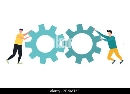 Zwei Geschäftsmann hält Ausrüstung. Idee von Teamwork und Partnerschaft. Teil des Mechanismus, das Unternehmensgeschäft. Isolierte Vektor-Illustration in Cartoon Sty Stockfoto
