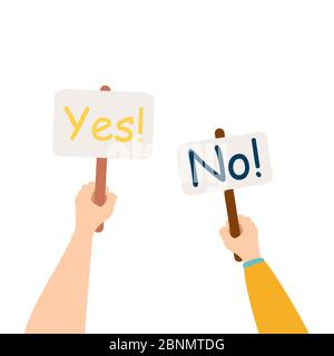 Cartoon Vektor-Illustration von Ja Nein Banner in der menschlichen Hand auf weißem Hintergrund. Testfrage. Wahl zögern, Streit, Opposition, Wahl, Dilemma, Stockfoto