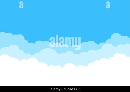 Blauer Himmel mit weißen Wolken Hintergrund. Grenze der Wolken. Einfaches Cartoon-Design. Vektorgrafik im flachen Stil. Stockfoto
