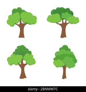 Abbildung des flachen Baums. Bäume Wald einfache Pflanze Silhouette Symbol. Natur Eiche organisch Set Design. Stockfoto