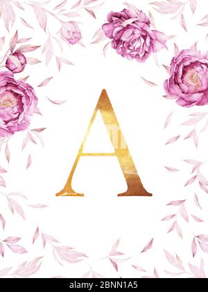 Blumenmonogramm. Mit Blumenmuster Und Wreather-Rand. Aquarell Rosa Pfingstrosen üppige Blätter. Roségold. Name Des Neugeborenen Custon. Poster floralen Hintergrund. Romantisch. Mi Stockfoto