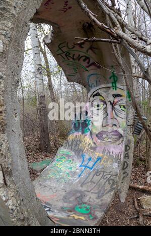 Washington Township, Michigan - EIN Stück Beton culvert, mit graffici bedeckt, in den Wäldern von Stony Creek Metropark. Stockfoto