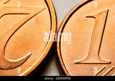 Nahaufnahme der Cent-Münzen, symbolisches Foto für die geplante Abschaffung der 1- und 2-Cent-Münzen Stockfoto