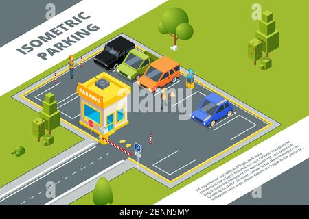 Isometrische Illustrationen von städtischen gebührenpflichtigen Parkplätzen mit verschiedenen Autos Stock Vektor