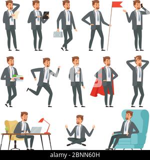 Charaktere des Geschäftsmannes. Set von Geschäftsmann in verschiedenen Action-Posen Stock Vektor
