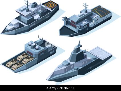 Isometrische Kriegsschiffe. Vector Militärboote isoliert auf weiß Stock Vektor