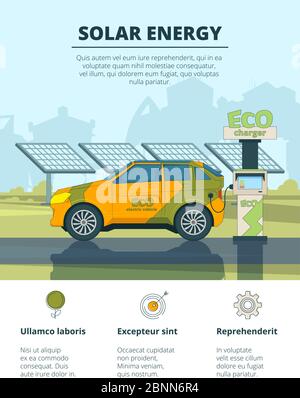 Infographics of electro cars. Eco conceptual pictures with electronic automobiles Stock Vektor