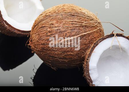 Frische Kokosnuss ganz und in zwei Hälften auf einem grauen Hintergrund mit Reflexion gehackt. Veganes Bio-Produkt. Stockfoto