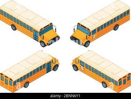 Schulbus isometrisch. Verschiedene Ansichten des Schulbusses Stock Vektor