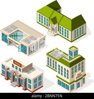 Schulgebäude. Isometrische 3d-Bilder von Schulgebäuden oder Institutsgebäuden Stock Vektor