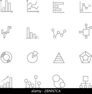 Symbole von Diagrammen und Diagrammen. Monolinige Bilder verschiedener Geschäftsdiagramme Stock Vektor