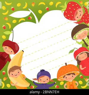 Vorlage für Kindermenü. Farbiger Hintergrund mit Illustrationen von glücklichen Kindern in Obstkostümen Stock Vektor