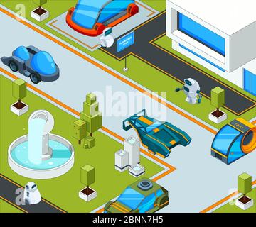 Futuristische Stadt mit Transport. Stadtlandschaft mit verschiedenen Automobilen Stock Vektor