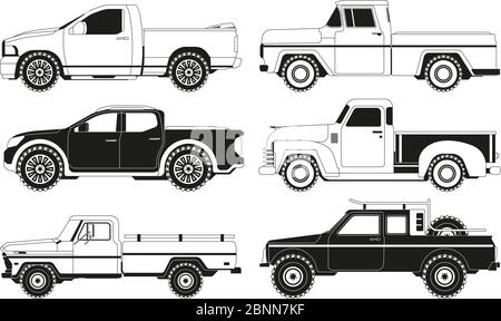Silhouetten für Pickup-Lkw. Schwarze Bilder von verschiedenen Autos Stock Vektor