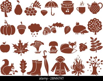 Silhouette der Herbst-Symbole. Monochrome Ikonen im Herbst Stock Vektor