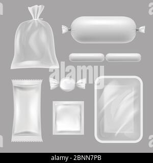 Leere Lebensmittelverpackungen. Vektor realistische Bilder von Polyethylen-Verpackungen Stock Vektor