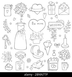 Verschiedene Hochzeitstag Symbole. Vektor handgezeichnete Illustrationen von Hochzeit Stock Vektor