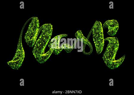 Das Wort Maske ist handgeschrieben in hellgrünen Leuchtpartikeln und auf schwarzem Hintergrund isoliert. Stockfoto