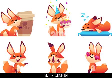 Niedliche Fuchs Charakter Sammlung. Wild Orange Tier im Wald in verschiedenen lustigen Pose und Emotionen Vektor Maskottchen Design Stock Vektor