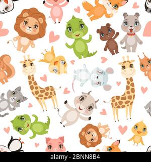 Muster für Babytiere. Stoff gedruckt nahtlose Safari wilde Tiere Krokodil Giraffe Löwe Vektor Cartoon Hintergrund Stock Vektor