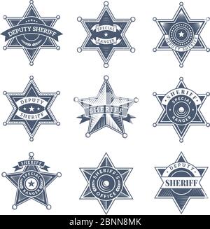 Sicherheitsabzeichen für Sheriff. Polizeischild und Offizierslogo texas Rangers Vektor-Symbole Stock Vektor