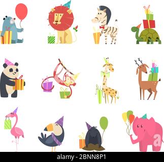 Wild animals with gifts. Festive holidays celebration with elephant hedgehog zebra bear turtle lion and monkey vector cartoon characteres Stock Vektor