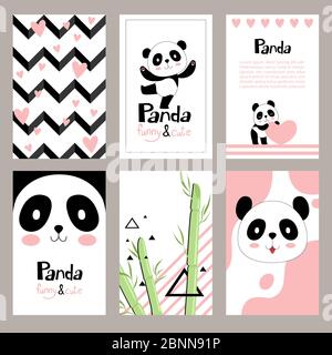 Pandas Einladungskarten. Neugeborene niedliche Tiere der chinesischen Bär Urlaub Vektor Plakat Design-Vorlagen für Kinder Stock Vektor