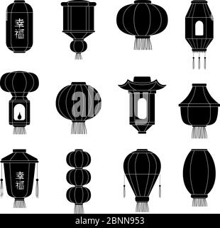 Chinesische Laterne Silhouetten. Japanische asiatische Papier Laternen in chinatown Festival Vektor Cartoon Illustrationen Stock Vektor