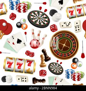 Casino-Muster. Poker Karten Doodle Domino Bowling Darts Roulette Checkers Vektor-Symbole der Spiele nahtlose realistische Illustrationen Stock Vektor