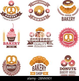 Logo des Bäckereiladens. Donuts Cookies frische Lebensmittel Cupcakes und Brot Bilder für Vektor-Abzeichen Design von Bäckereimarkt Stock Vektor