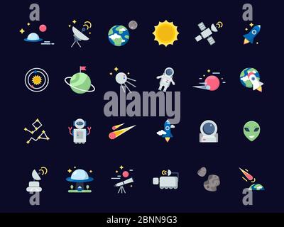 Leerzeichen. Erde Mond mit Sonne und Satelliten Asteroiden Ansichten von Teleskop-Vektor-Raum-Icons in flachem Stil Stock Vektor