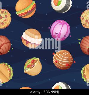 Muster der Nahrungs-Planeten. Fantastische Raum Welt mit Süßigkeiten Fast Food Burger Pizza Sushi glänzend Sterne Himmel Vektor nahtlose Hintergrund Stock Vektor