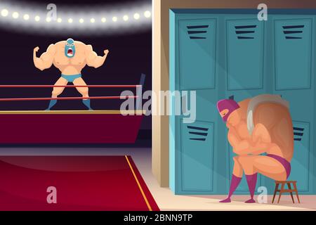 Kampfring. Wrestler Kämpfer lucha libre Sport maskiert Vektor Cartoon Hintergrund Stock Vektor