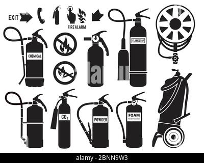 Silhouette des Feuerlöschers. Flammschutzsymbole Schaum Monochrom Vektorbilder Satz von Feuerwehrausrüstung Stock Vektor