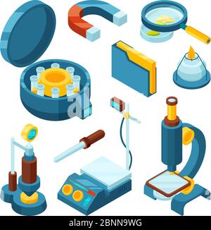 Wissenschaft chemisch isometrisch. Pharmazeutische Ingenieurbiologie Moderne Industrie Mikroskop Oszilloskop Vektor 3d-Werkzeuge Stock Vektor