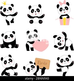 Niedliche Pandas. Spielzeug Tiere chinesische Symbole Panda tragen liebenswert lustig Baby Maskottchen Vektor-Charaktere Sammlung im Cartoon-Stil Stock Vektor