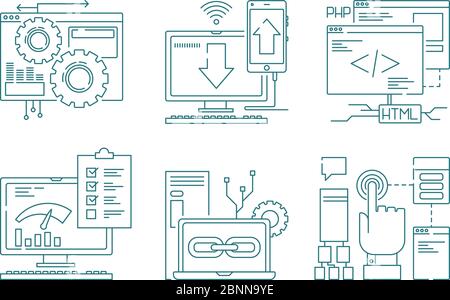 Symbole für die Webentwicklungslinie. SEO mobile Layout Web-Design kreative Prozess Code Website und App für Smartphones Vektorbilder Stock Vektor