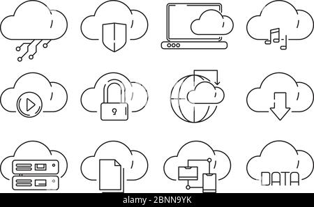 Symbole für Web-Cloud-Dienste. Internet Sync Computer Technologie Infografik Vektor lineare Symbole isoliert Stock Vektor