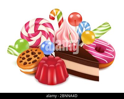 Dessert-Illustrationen. Hintergrund mit hausgemachten Kuchen, Schokolade Süßigkeiten Lollipop und Süßigkeiten. Vektor High res Bilder von leckeren Desserts Stock Vektor